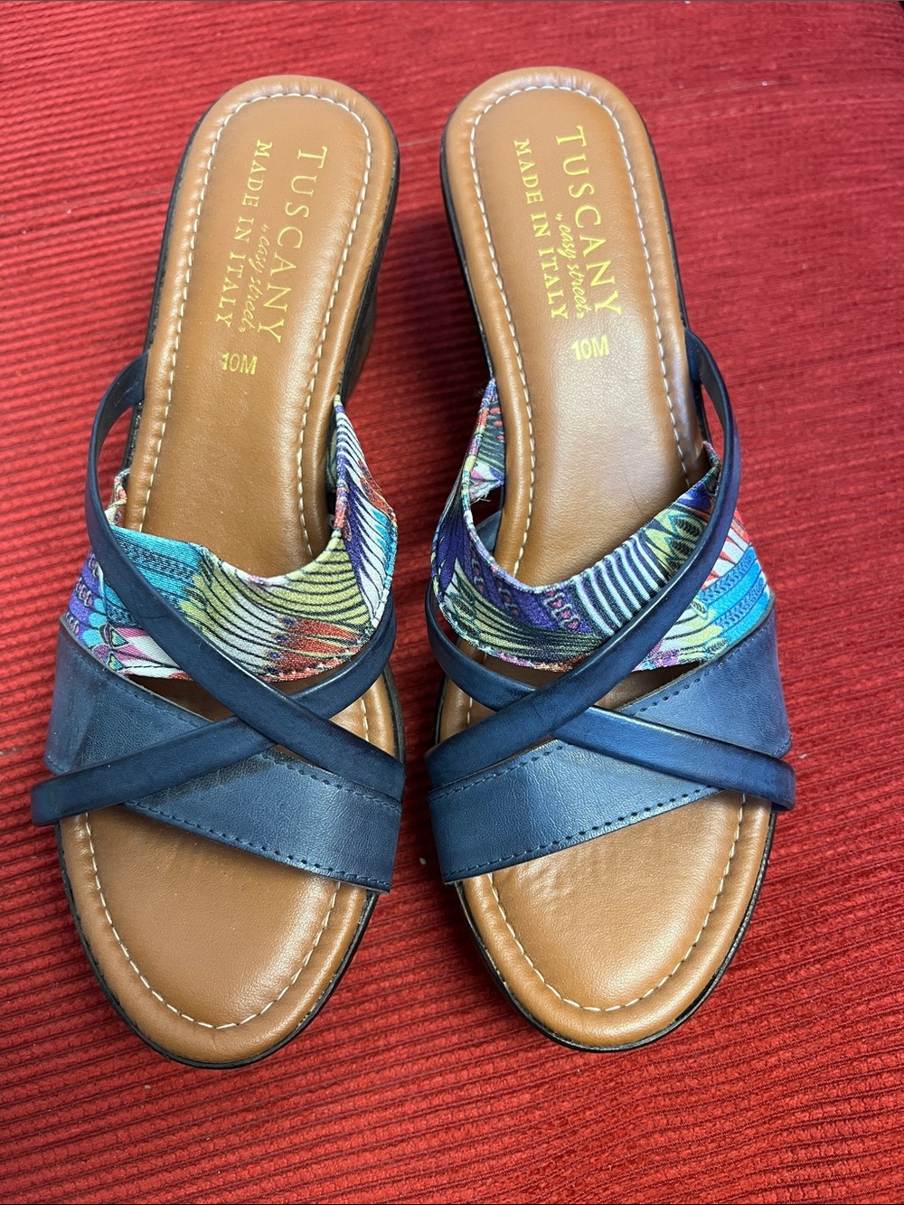 Tuscany Leather Navy Slip-On Mules with Multicolor Fabric Accent